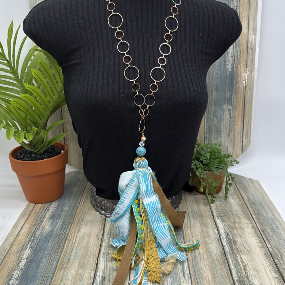 🌟Adorned Crown Jewelry assemblage Bohemian silk ribbon Tassel Necklace Blue